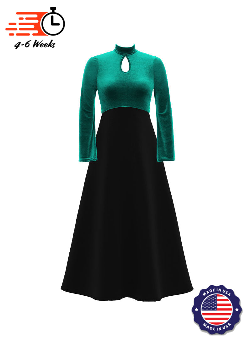 High Neck Keyhole Long Sleeve Stretch Velvet Top/ Black Crepe Knit Gown