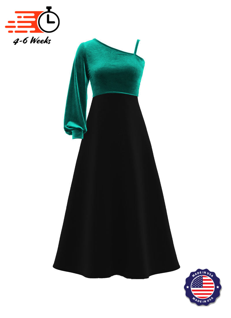 One-Shoulder Cuffed Long Sleeve Stretch Velvet Top/ Black Crepe Knit Gown