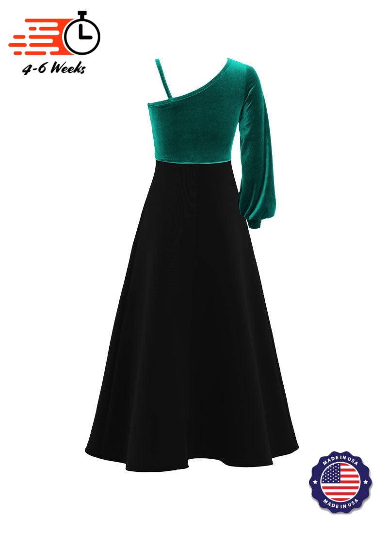 One-Shoulder Cuffed Long Sleeve Stretch Velvet Top/ Black Crepe Knit Gown