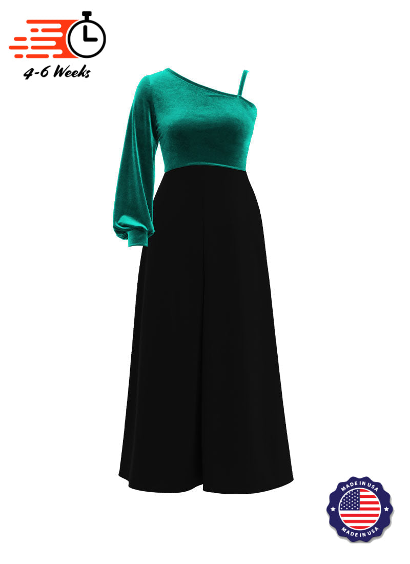 One-Shoulder Cuffed Long Sleeve Stretch Velvet Top/ Black Crepe Knit Palazzo Pant Jumpsuit