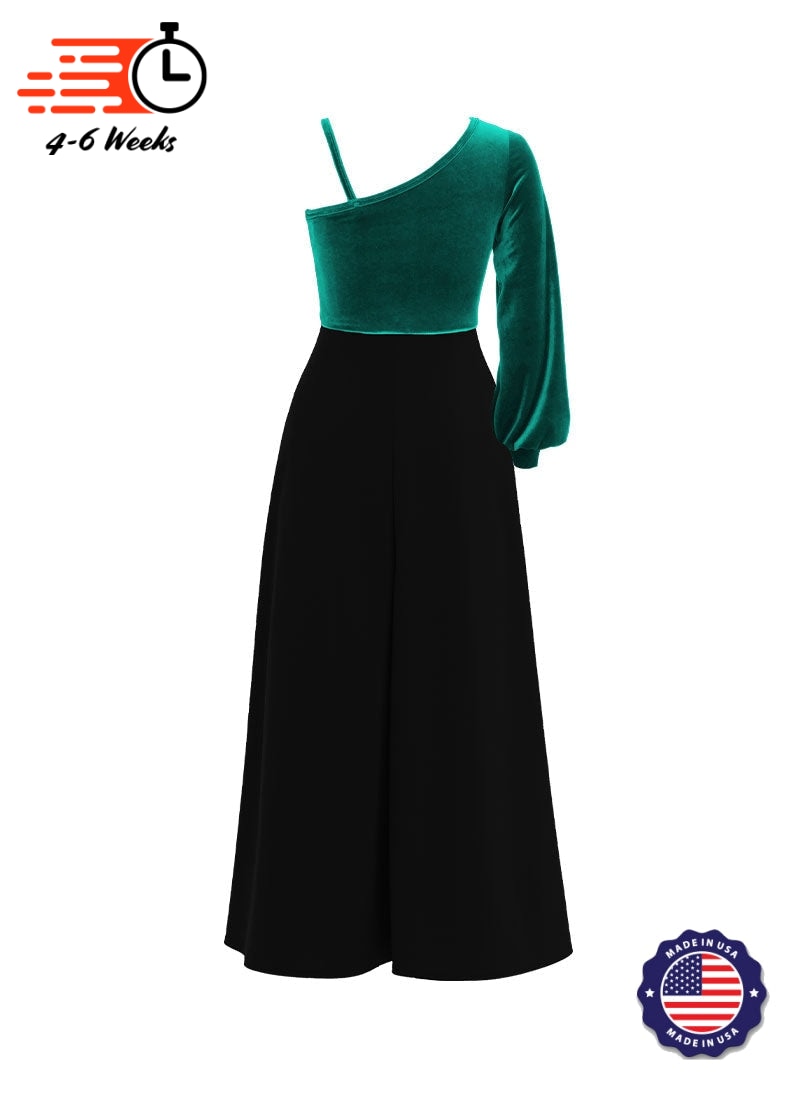 One-Shoulder Cuffed Long Sleeve Stretch Velvet Top/ Black Crepe Knit Palazzo Pant Jumpsuit