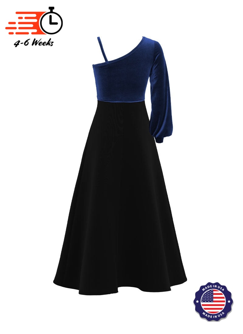 One-Shoulder Cuffed Long Sleeve Stretch Velvet Top/ Black Crepe Knit Gown