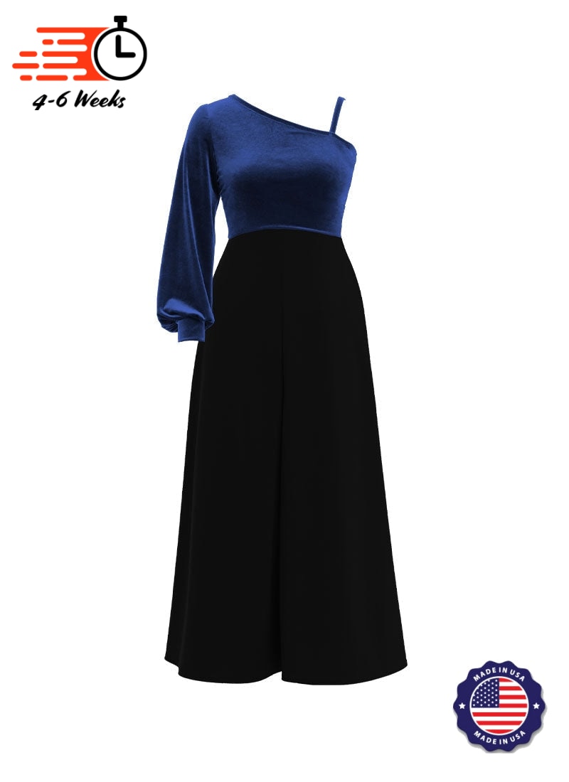 One-Shoulder Cuffed Long Sleeve Stretch Velvet Top/ Black Crepe Knit Palazzo Pant Jumpsuit