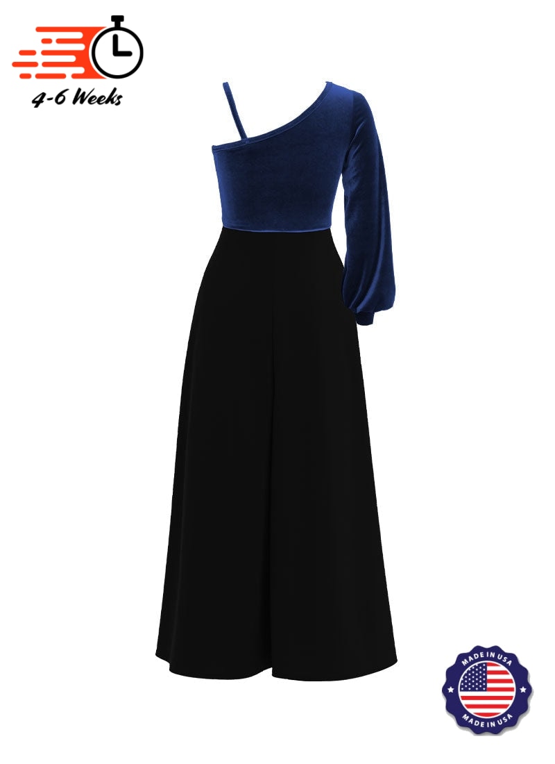 One-Shoulder Cuffed Long Sleeve Stretch Velvet Top/ Black Crepe Knit Palazzo Pant Jumpsuit