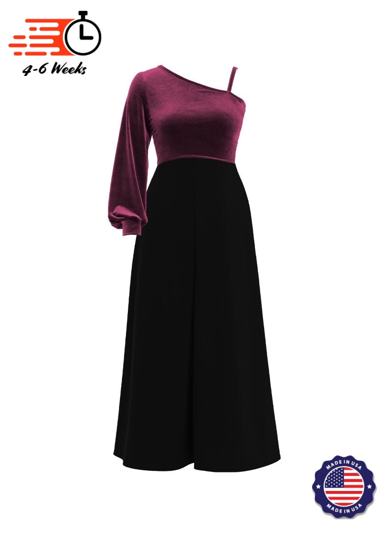 One-Shoulder Cuffed Long Sleeve Stretch Velvet Top/ Black Crepe Knit Palazzo Pant Jumpsuit