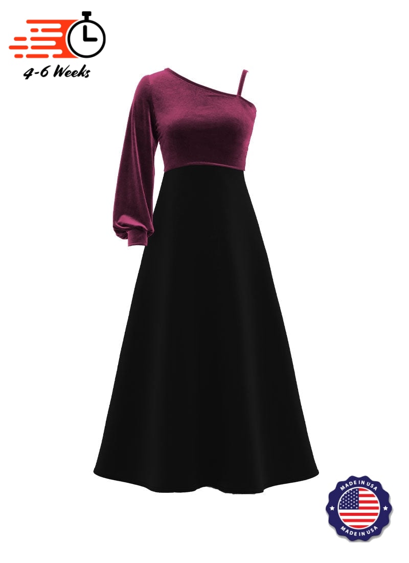 One-Shoulder Cuffed Long Sleeve Stretch Velvet Top/ Black Crepe Knit Gown