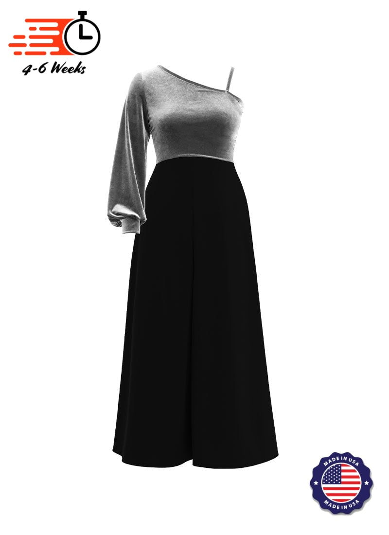 One-Shoulder Cuffed Long Sleeve Stretch Velvet Top/ Black Crepe Knit Palazzo Pant Jumpsuit