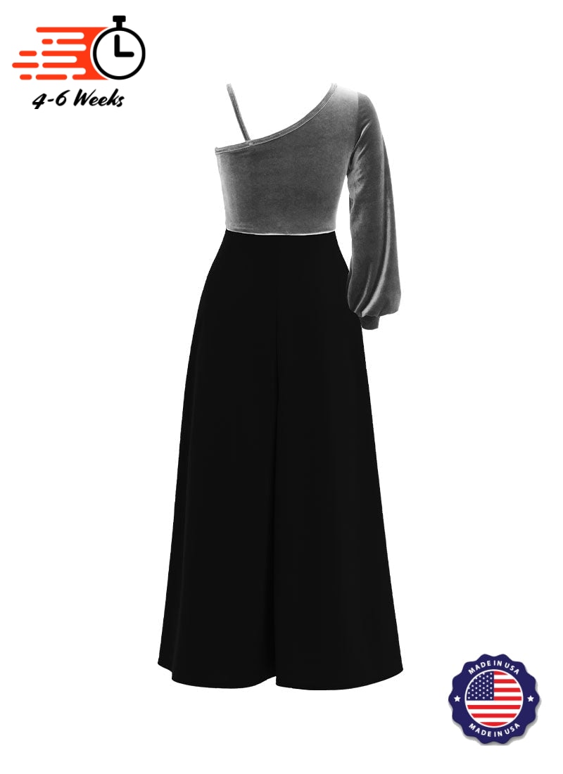 One-Shoulder Cuffed Long Sleeve Stretch Velvet Top/ Black Crepe Knit Palazzo Pant Jumpsuit