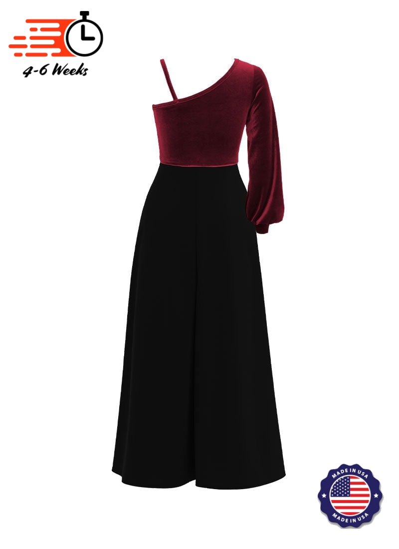 One-Shoulder Cuffed Long Sleeve Stretch Velvet Top/ Black Crepe Knit Palazzo Pant Jumpsuit
