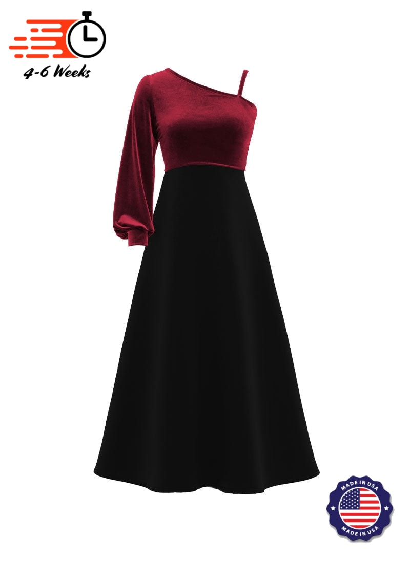 One-Shoulder Cuffed Long Sleeve Stretch Velvet Top/ Black Crepe Knit Gown