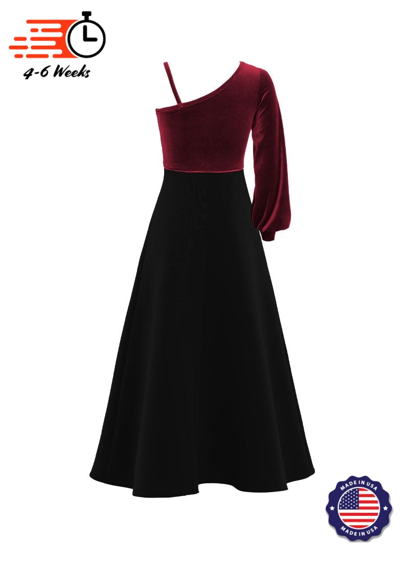 One-Shoulder Cuffed Long Sleeve Stretch Velvet Top/ Black Crepe Knit Gown