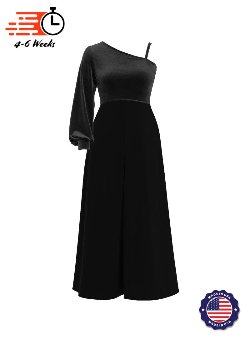 One-Shoulder Cuffed Long Sleeve Stretch Velvet Top/ Black Crepe Knit Palazzo Pant Jumpsuit