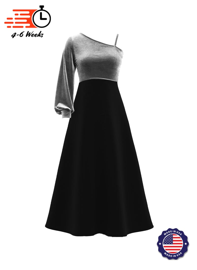 One-Shoulder Cuffed Long Sleeve Stretch Velvet Top/ Black Crepe Knit Gown