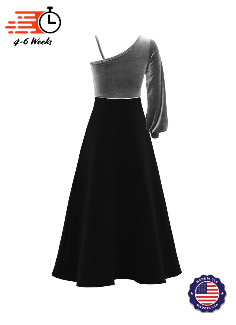 One-Shoulder Cuffed Long Sleeve Stretch Velvet Top/ Black Crepe Knit Gown