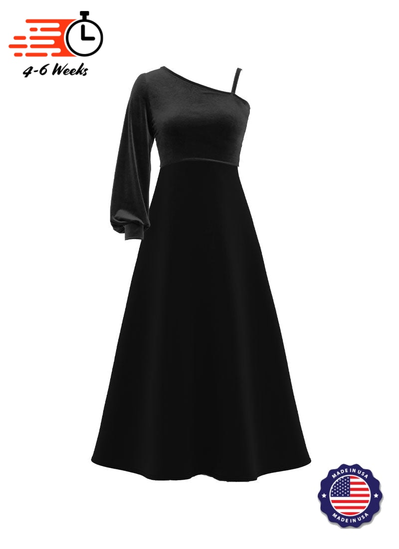 One-Shoulder Cuffed Long Sleeve Stretch Velvet Top/ Black Crepe Knit Gown