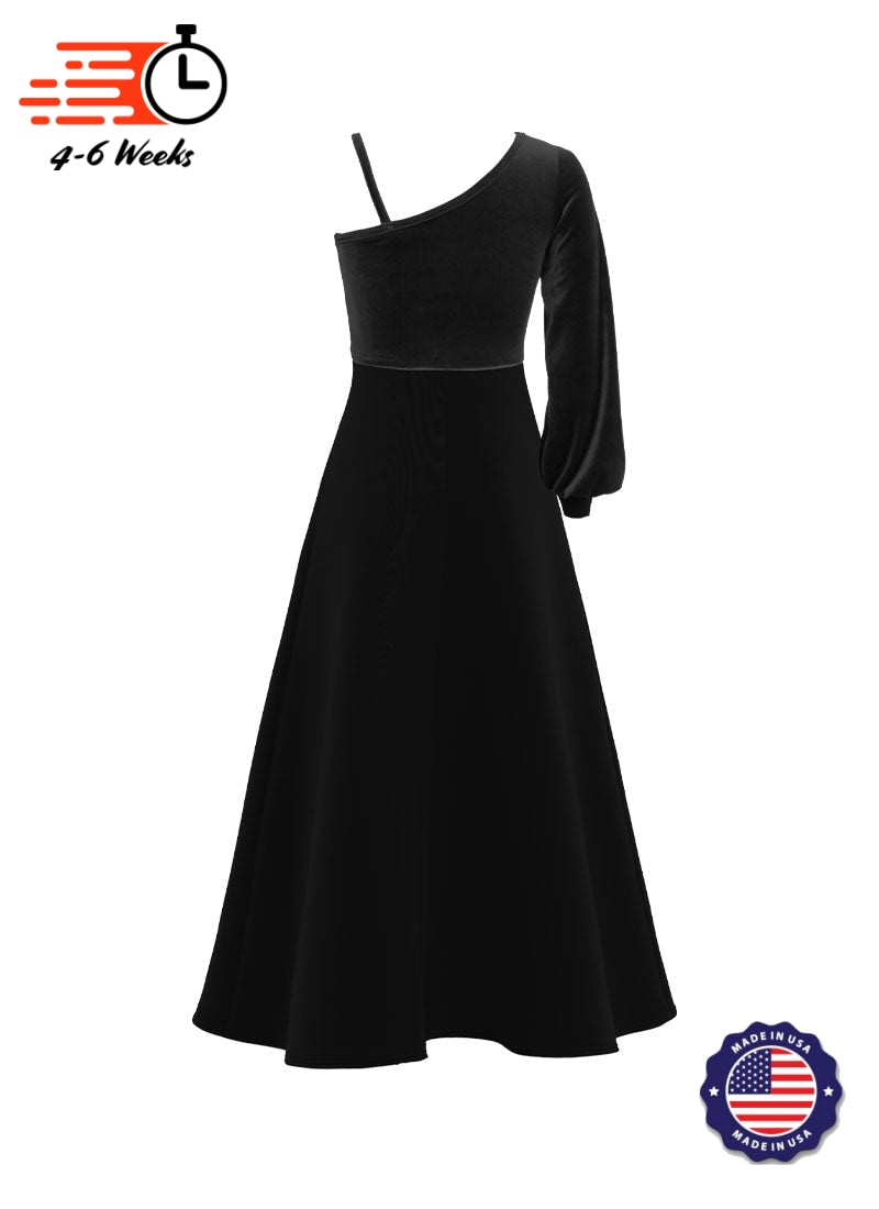 One-Shoulder Cuffed Long Sleeve Stretch Velvet Top/ Black Crepe Knit Gown
