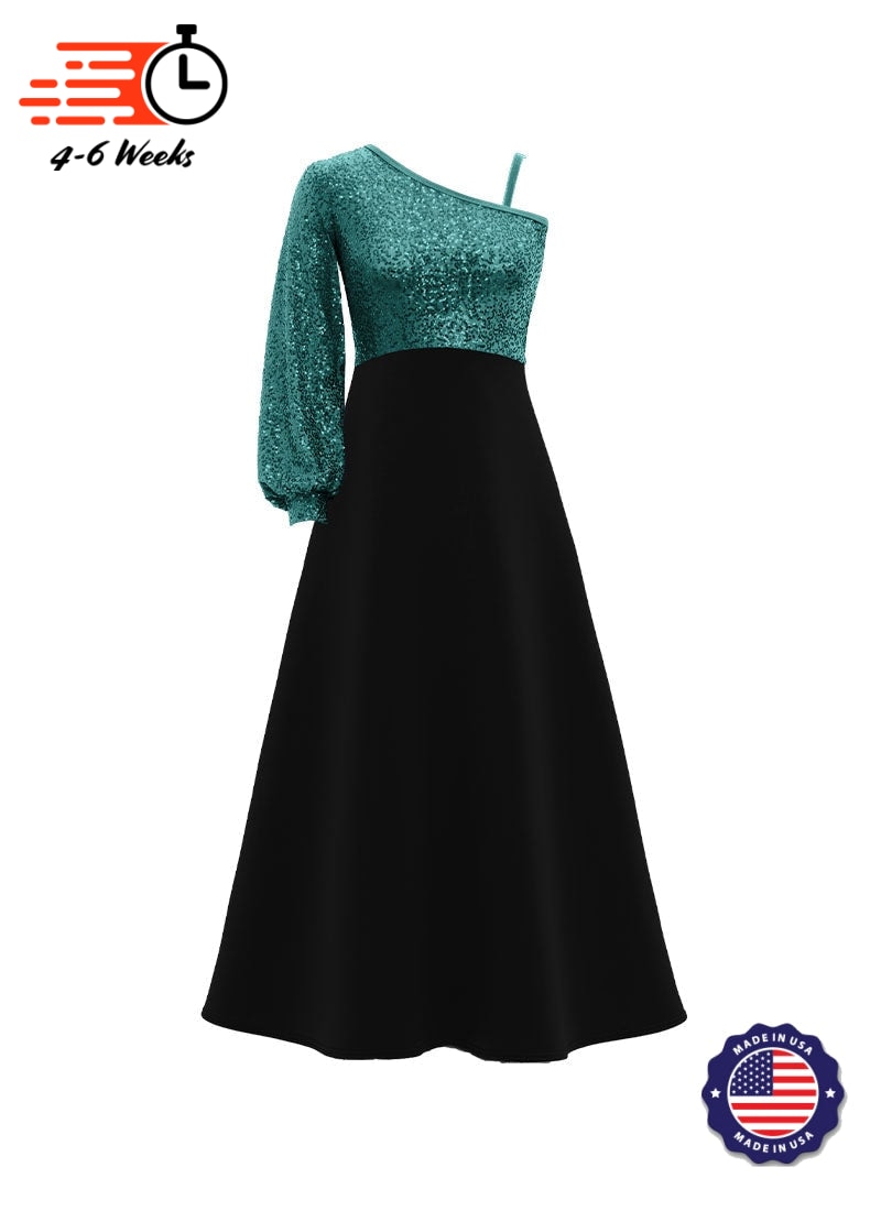 One-Shoulder Cuffed Long Sleeve Stretch Sequin Top/ Black Crepe Knit Gown
