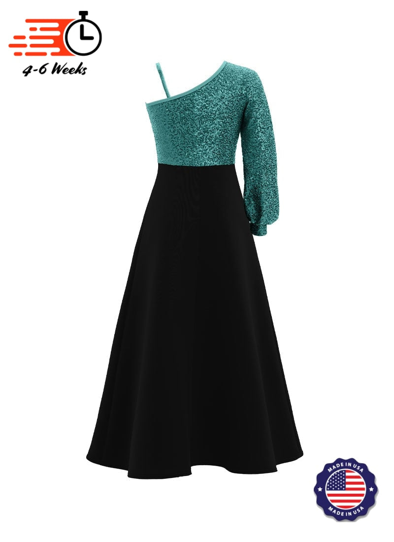 One-Shoulder Cuffed Long Sleeve Stretch Sequin Top/ Black Crepe Knit Gown