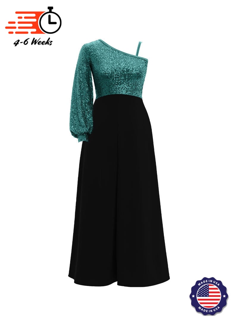 One-Shoulder Cuffed Long Sleeve Stretch Sequin Top/ Black Crepe Palazzo Pant Jumpsuit
