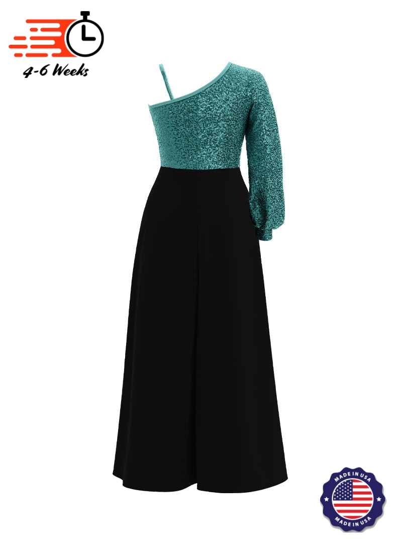 One-Shoulder Cuffed Long Sleeve Stretch Sequin Top/ Black Crepe Palazzo Pant Jumpsuit