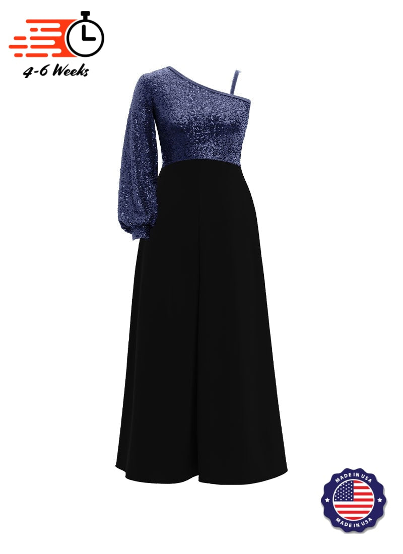 One-Shoulder Cuffed Long Sleeve Stretch Sequin Top/ Black Crepe Palazzo Pant Jumpsuit