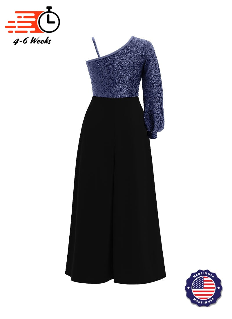 One-Shoulder Cuffed Long Sleeve Stretch Sequin Top/ Black Crepe Palazzo Pant Jumpsuit