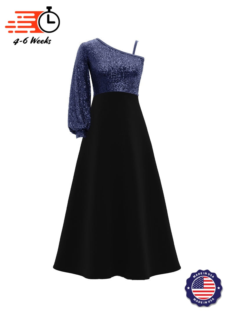 One-Shoulder Cuffed Long Sleeve Stretch Sequin Top/ Black Crepe Knit Gown
