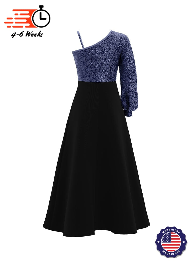 One-Shoulder Cuffed Long Sleeve Stretch Sequin Top/ Black Crepe Knit Gown