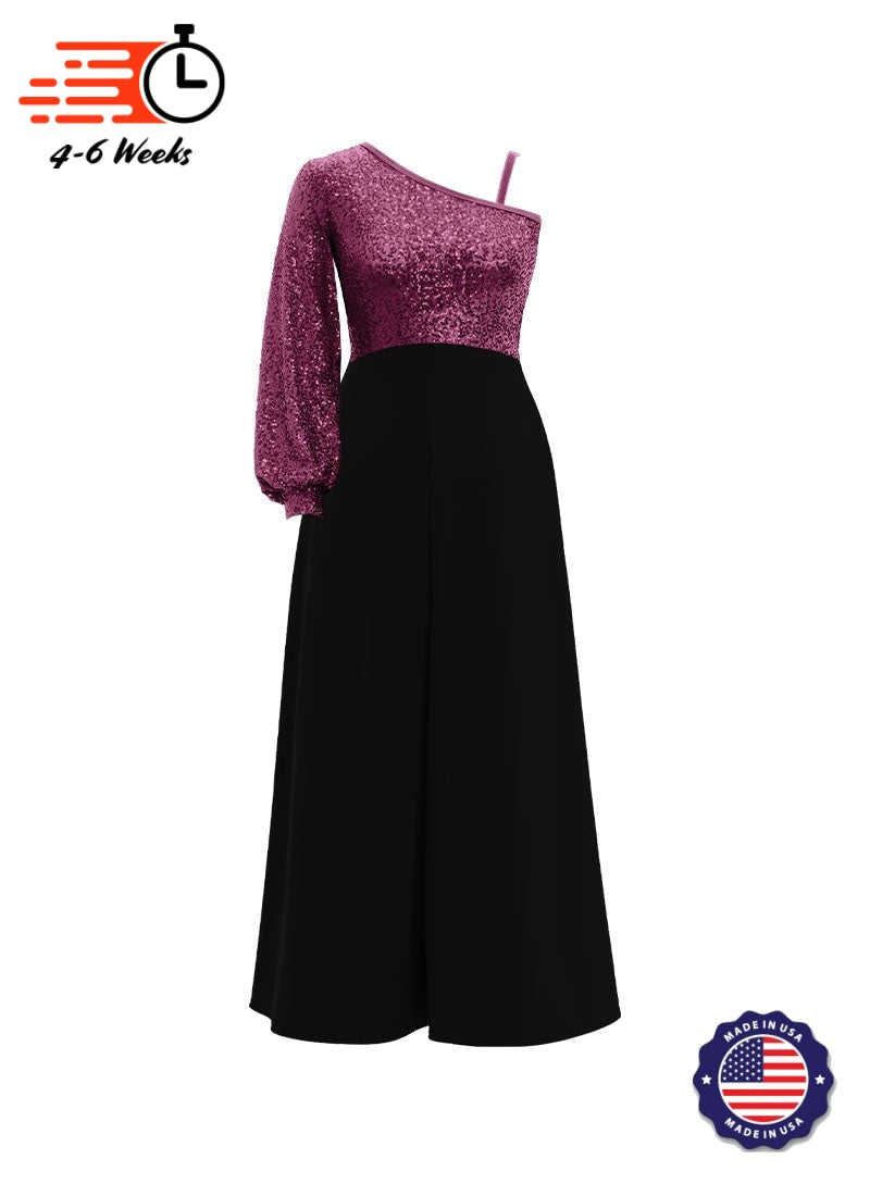 One-Shoulder Cuffed Long Sleeve Stretch Sequin Top/ Black Crepe Palazzo Pant Jumpsuit