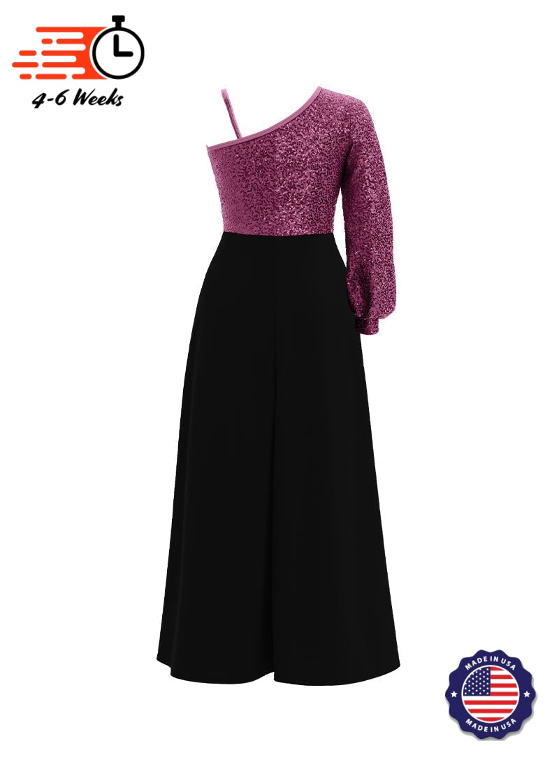 One-Shoulder Cuffed Long Sleeve Stretch Sequin Top/ Black Crepe Palazzo Pant Jumpsuit
