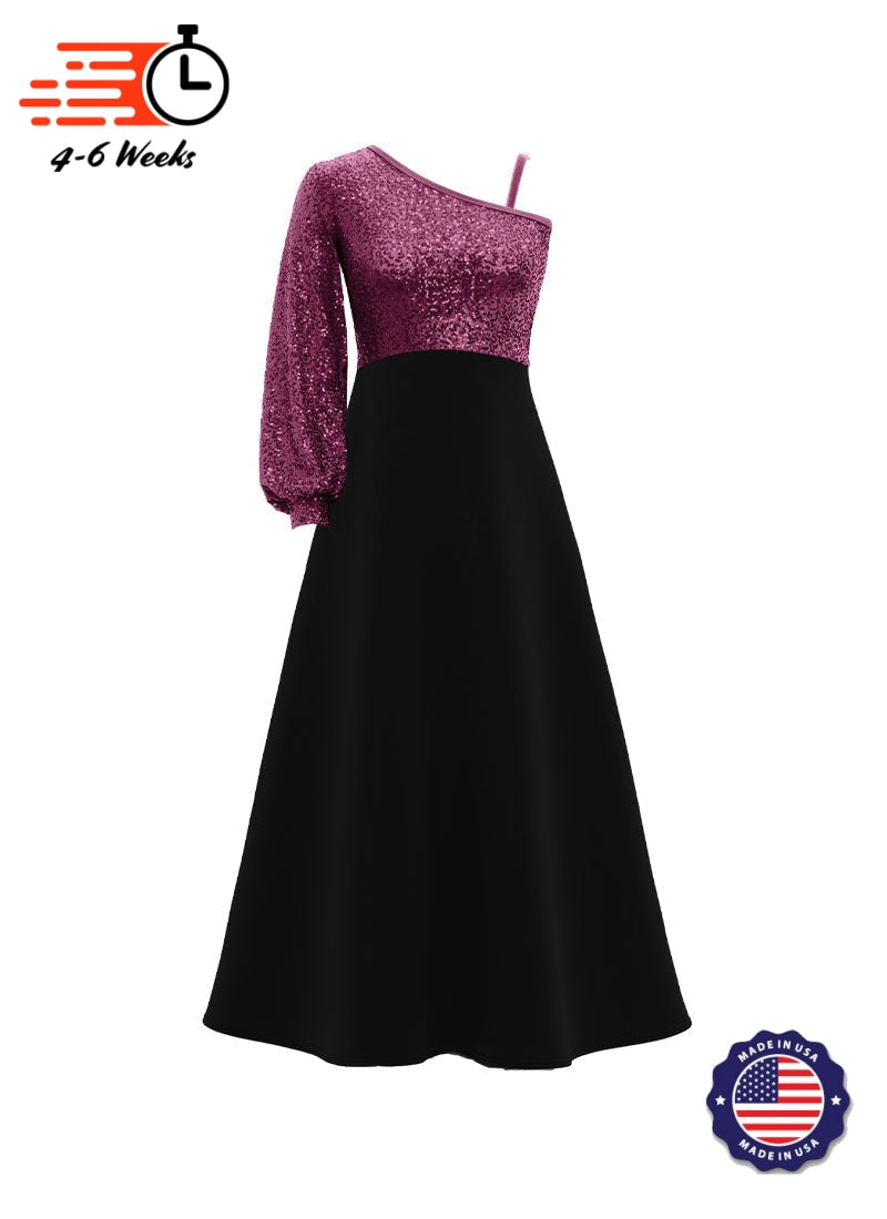 One-Shoulder Cuffed Long Sleeve Stretch Sequin Top/ Black Crepe Knit Gown