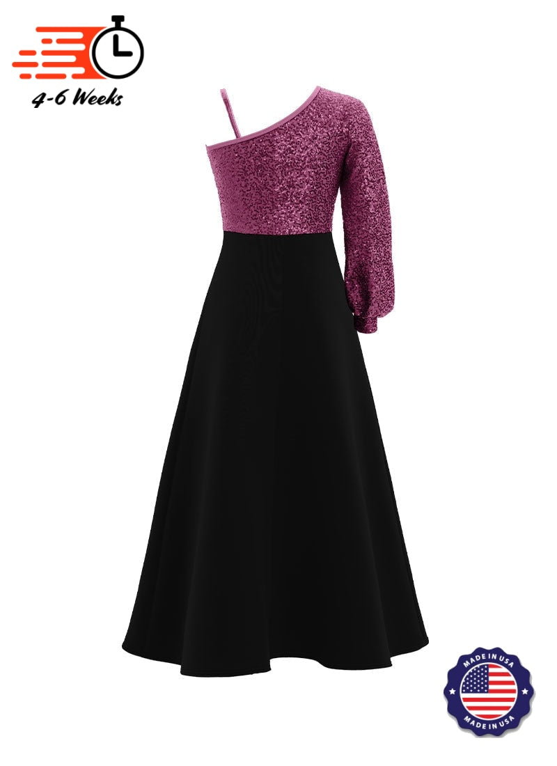 One-Shoulder Cuffed Long Sleeve Stretch Sequin Top/ Black Crepe Knit Gown
