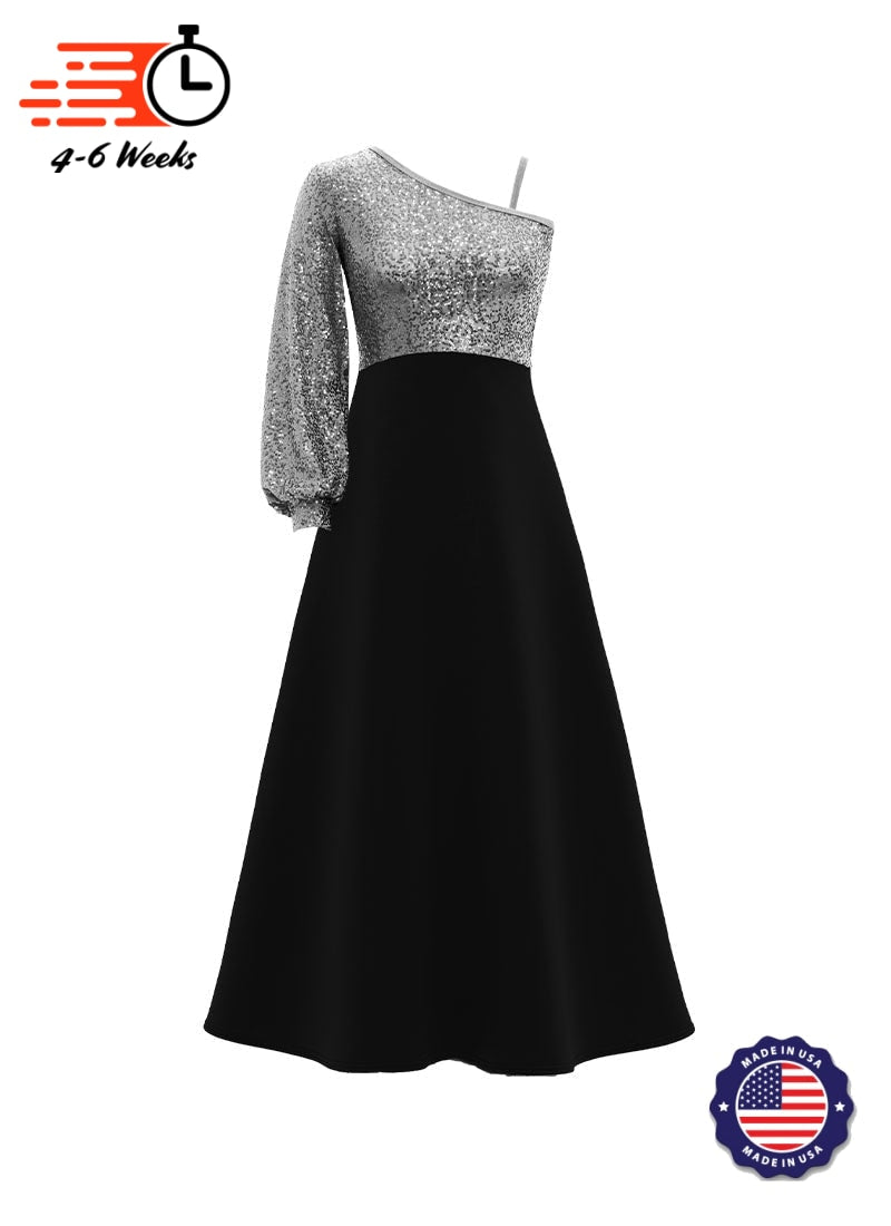 One-Shoulder Cuffed Long Sleeve Stretch Sequin Top/ Black Crepe Knit Gown