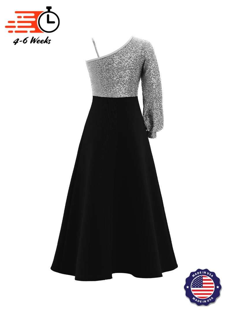 One-Shoulder Cuffed Long Sleeve Stretch Sequin Top/ Black Crepe Knit Gown