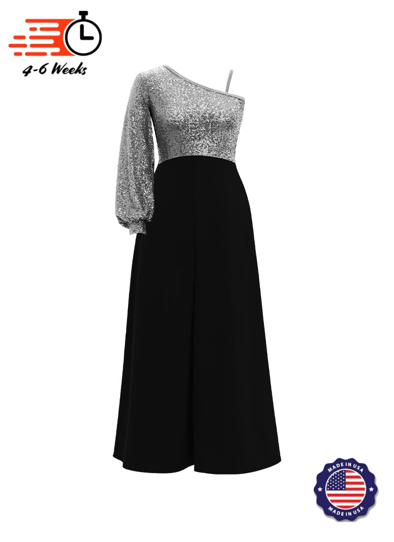 One-Shoulder Cuffed Long Sleeve Stretch Sequin Top/ Black Crepe Palazzo Pant Jumpsuit