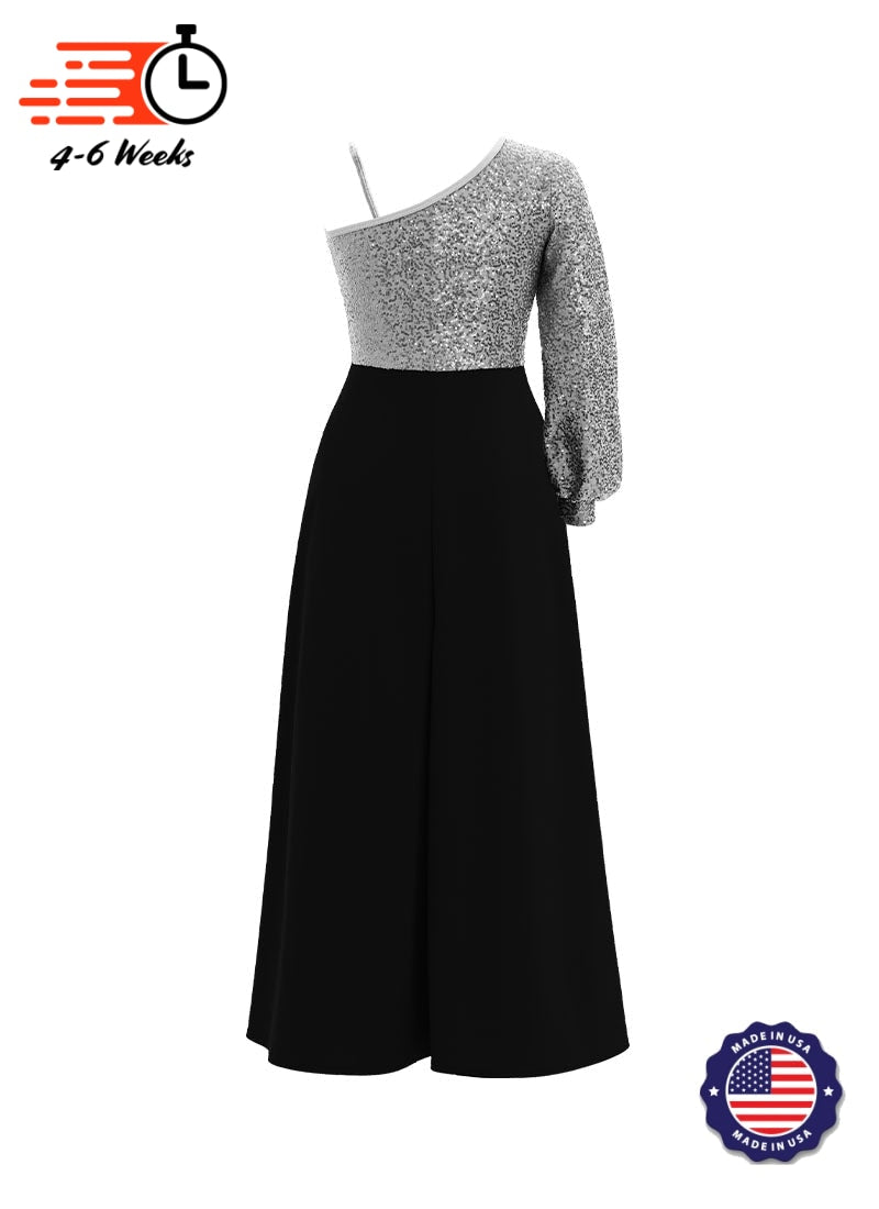 One-Shoulder Cuffed Long Sleeve Stretch Sequin Top/ Black Crepe Palazzo Pant Jumpsuit