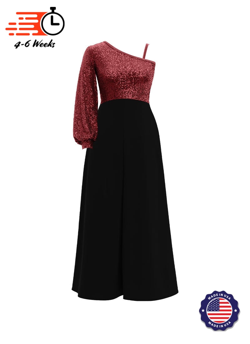 One-Shoulder Cuffed Long Sleeve Stretch Sequin Top/ Black Crepe Palazzo Pant Jumpsuit
