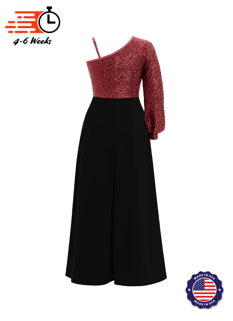 One-Shoulder Cuffed Long Sleeve Stretch Sequin Top/ Black Crepe Palazzo Pant Jumpsuit