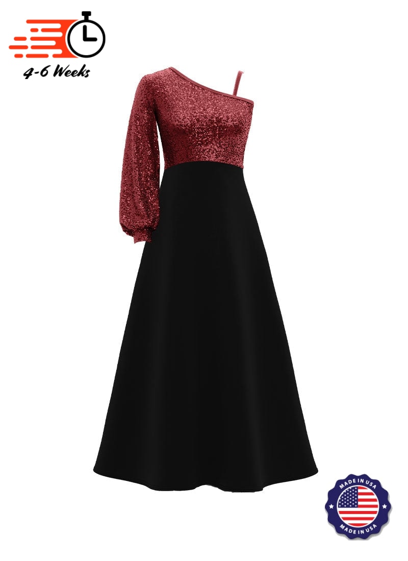 One-Shoulder Cuffed Long Sleeve Stretch Sequin Top/ Black Crepe Knit Gown