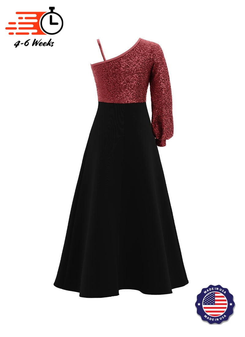 One-Shoulder Cuffed Long Sleeve Stretch Sequin Top/ Black Crepe Knit Gown