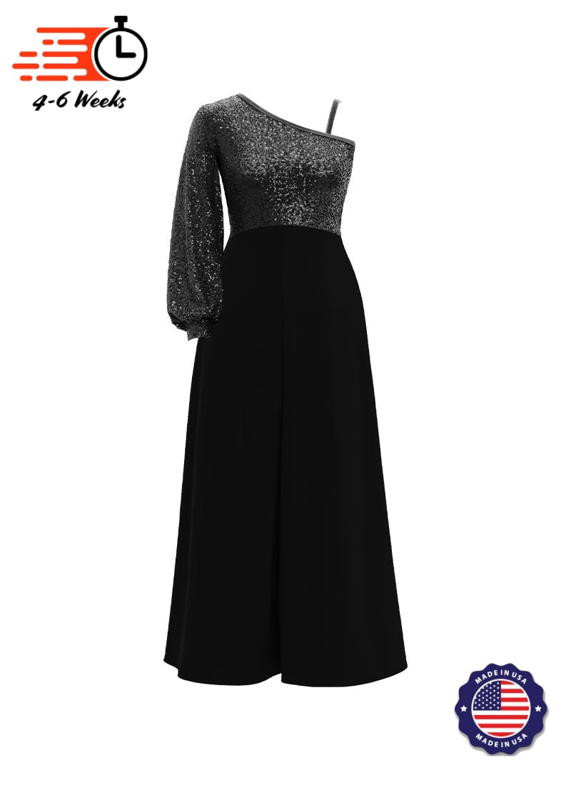 One-Shoulder Cuffed Long Sleeve Stretch Sequin Top/ Black Crepe Palazzo Pant Jumpsuit