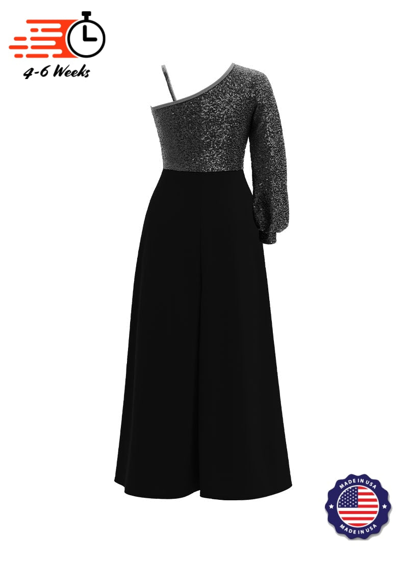 One-Shoulder Cuffed Long Sleeve Stretch Sequin Top/ Black Crepe Palazzo Pant Jumpsuit