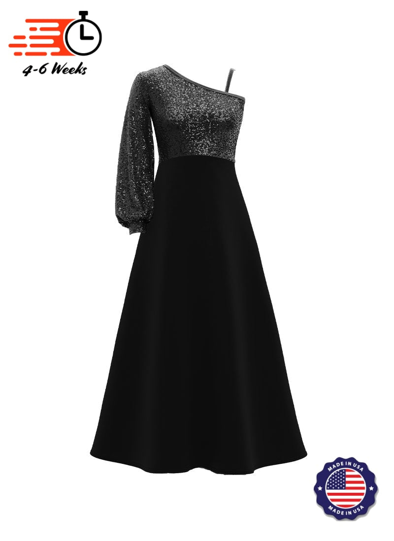 One-Shoulder Cuffed Long Sleeve Stretch Sequin Top/ Black Crepe Knit Gown