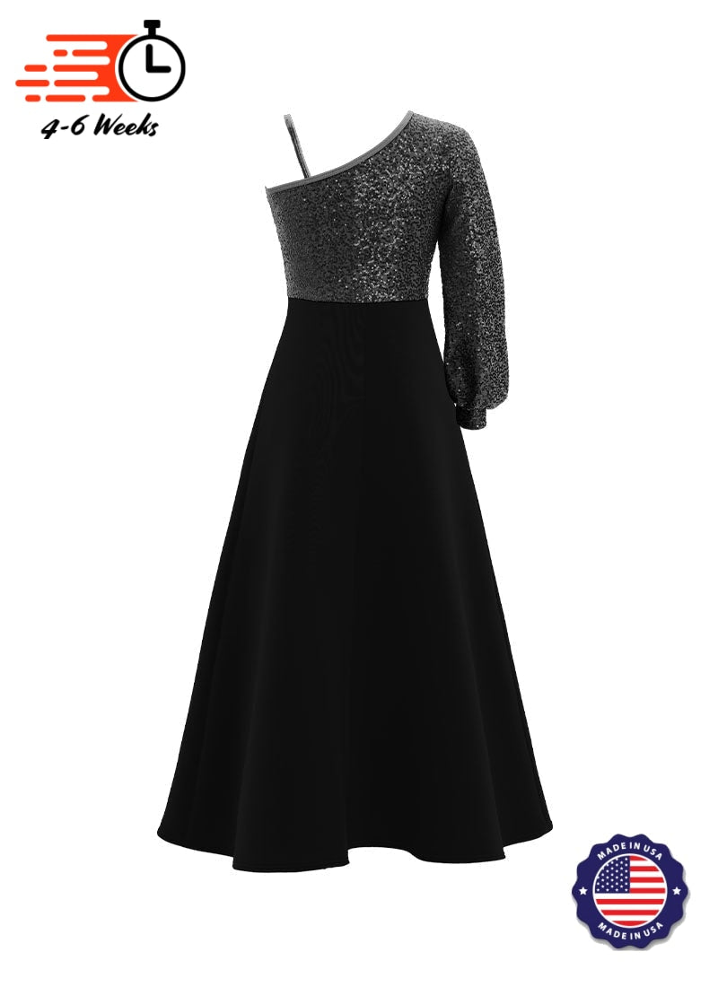 One-Shoulder Cuffed Long Sleeve Stretch Sequin Top/ Black Crepe Knit Gown