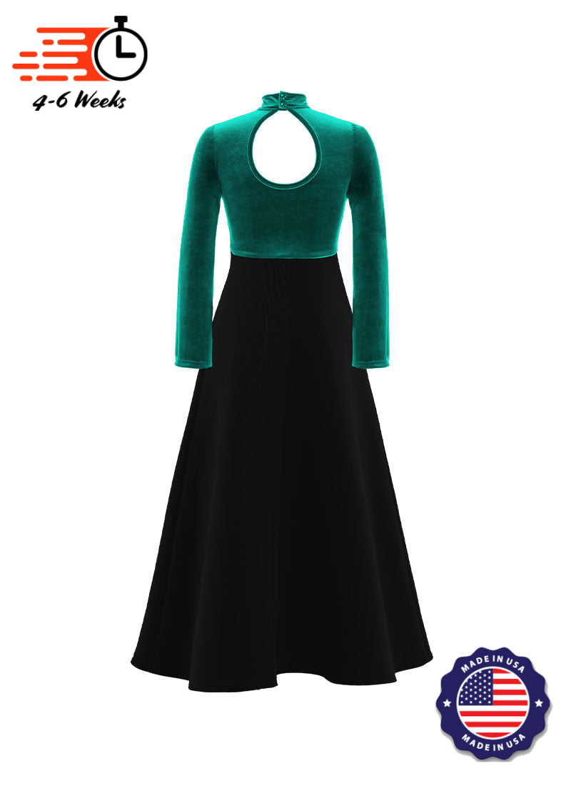 High Neck Keyhole Long Sleeve Stretch Velvet Top/ Black Crepe Knit Gown
