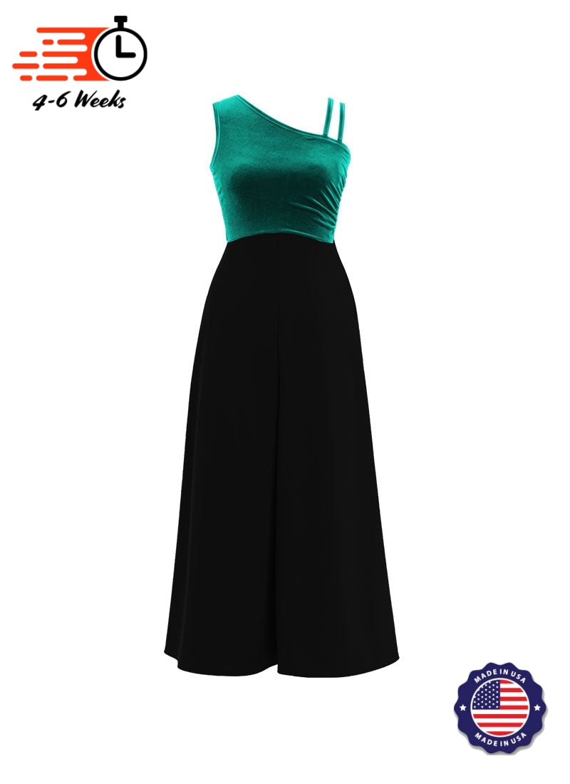 One-Shoulder Sleeveless Stretch Velvet Top / Black Crepe Knit Palazzo Pant Jumpsuit