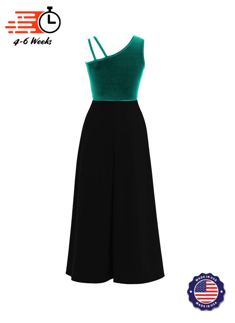 One-Shoulder Sleeveless Stretch Velvet Top / Black Crepe Knit Palazzo Pant Jumpsuit