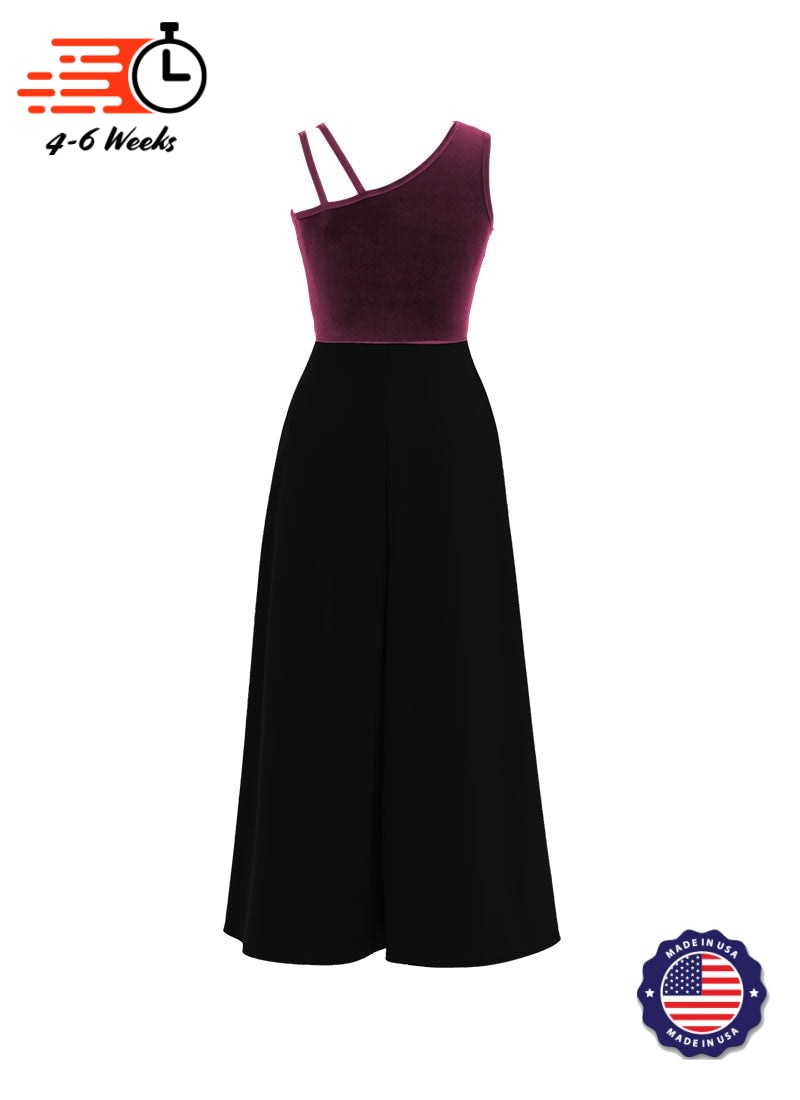 One-Shoulder Sleeveless Stretch Velvet Top / Black Crepe Knit Palazzo Pant Jumpsuit