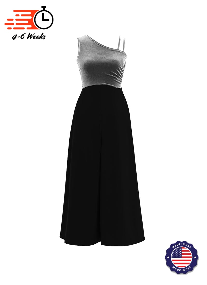One-Shoulder Sleeveless Stretch Velvet Top / Black Crepe Knit Palazzo Pant Jumpsuit