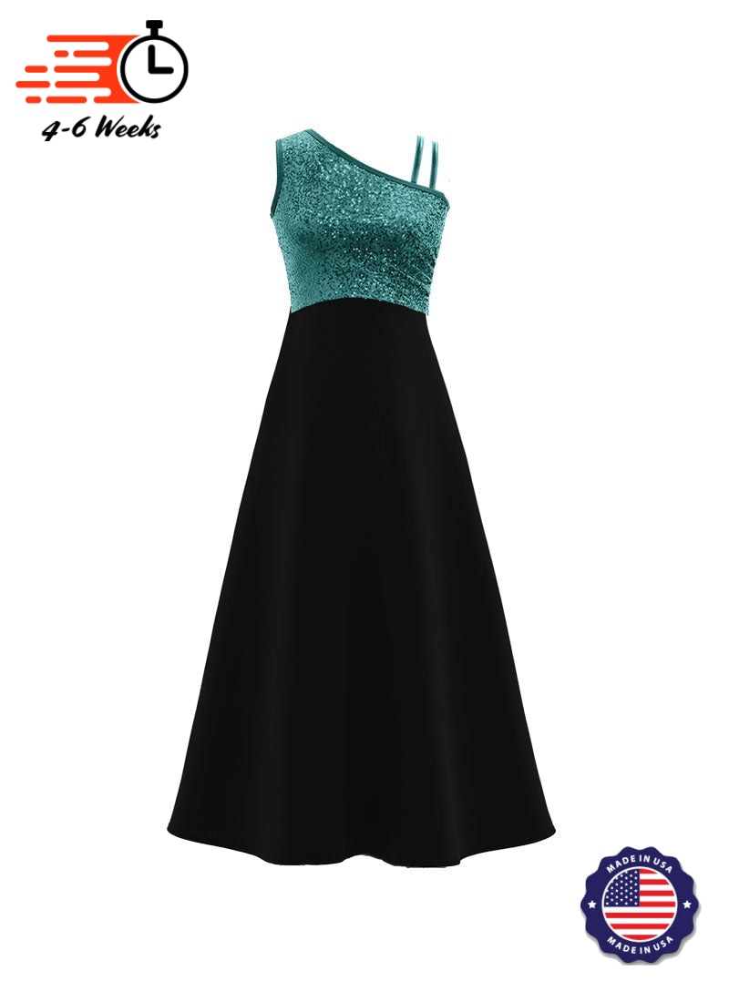 One-Shoulder Sleeveless Stretch Sequin Top / Black Crepe Knit Gown